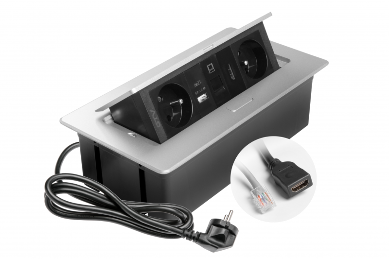 Toma de corriente para muebles MULTISOFT 2x Toma con toma de tierra, USB A+C, RJ45, HDMI, Cable de alimentación con enchufe, Aluminio