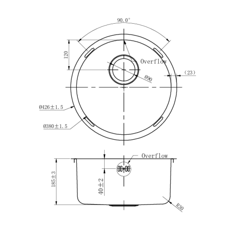 Pure.Sink Rondo Acero Inoxidable Redondo Fregadero de instalación plana, inferior y superior 38 cm PRN38-02
