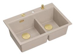 Fregadero de granito beige doble de Quadri Hard Rock, montaje en superficie 76x50 cm con enchufe dorado y accesorios 1208971663