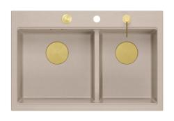 Fregadero de granito beige doble de Quadri Hard Rock, montaje en superficie 76x50 cm con enchufe dorado y accesorios 1208971663