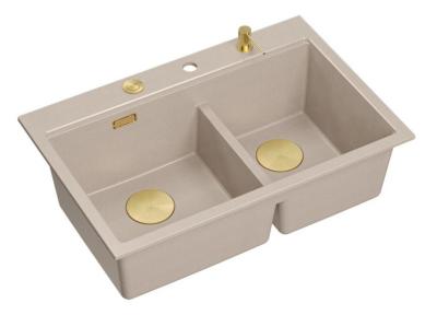 Fregadero de granito beige doble de Quadri Hard Rock, montaje en superficie 76x50 cm con enchufe dorado y accesorios 1208971663