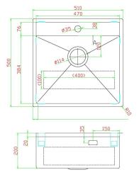 Pure.Sink Luxion Fregadero de cobre 51 x 50 cm Grifo con banco para grifo PLX5150T-62