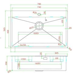 Pure.Sink Luxion Fregadero grande de metal gris 78 x 50 cm Grifo con banco para grifo PLX7850T-61