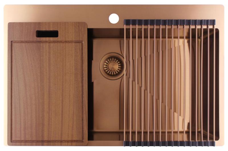 Pure.Sink Luxion Fregadero grande de cobre 78 x 50 cm Tapwing con banco para grifo PLX7850T-62