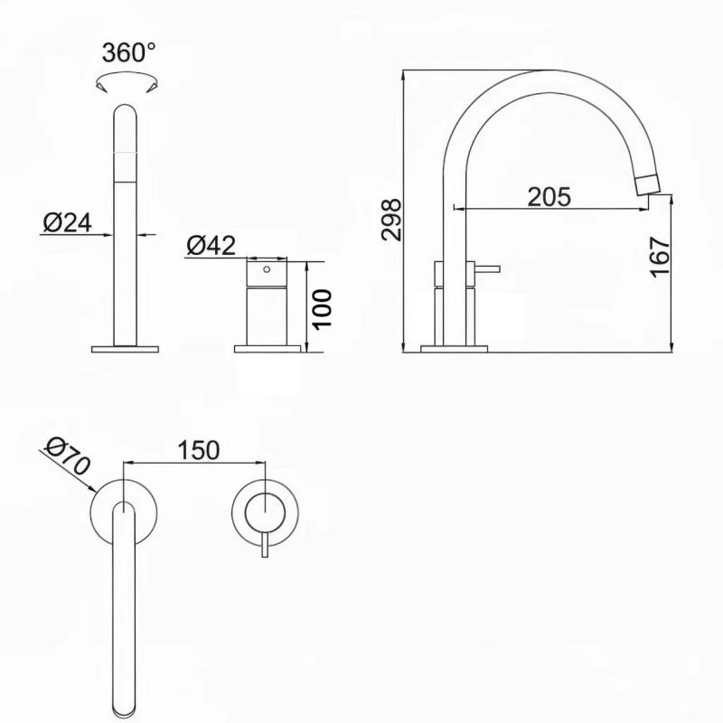 Pure.Sink Luxion Grifo de cocina de acero inoxidable macizo de 2 orificios con caño redondo PLX2HR-02