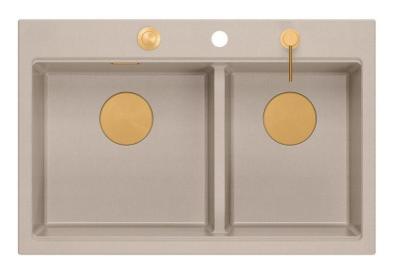Quadri Hard Rock Doble Lavabo de Granito Beige de Superficie 76x50 cm con Tapón de Cobre y Accesorios 1208971726