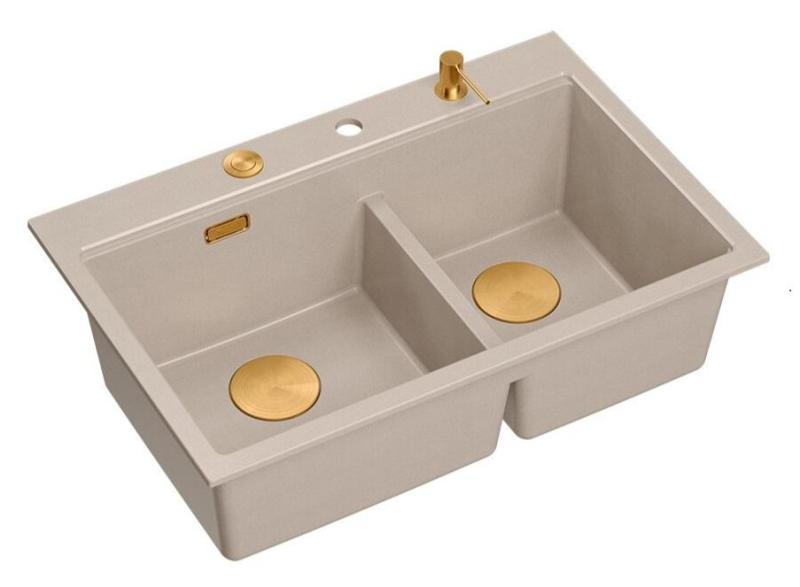 Quadri Hard Rock Doble Lavabo de Granito Beige de Superficie 76x50 cm con Tapón de Cobre y Accesorios 1208971726