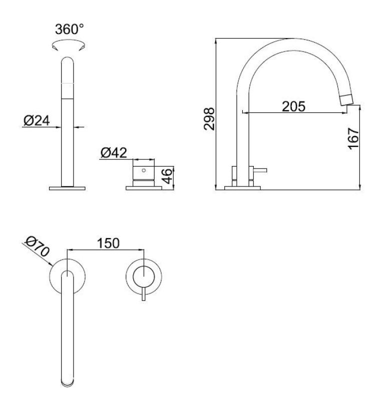 Pure.Sink Luxion Grifo de cocina de 2 orificios en color gris metalizado con caño redondo PLX2HR-61