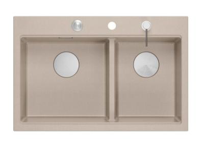 Fregadero de encimera de granito beige doble Quadri Hard Rock 76x50 cm con tapón de acero inoxidable y accesorios 1208971749