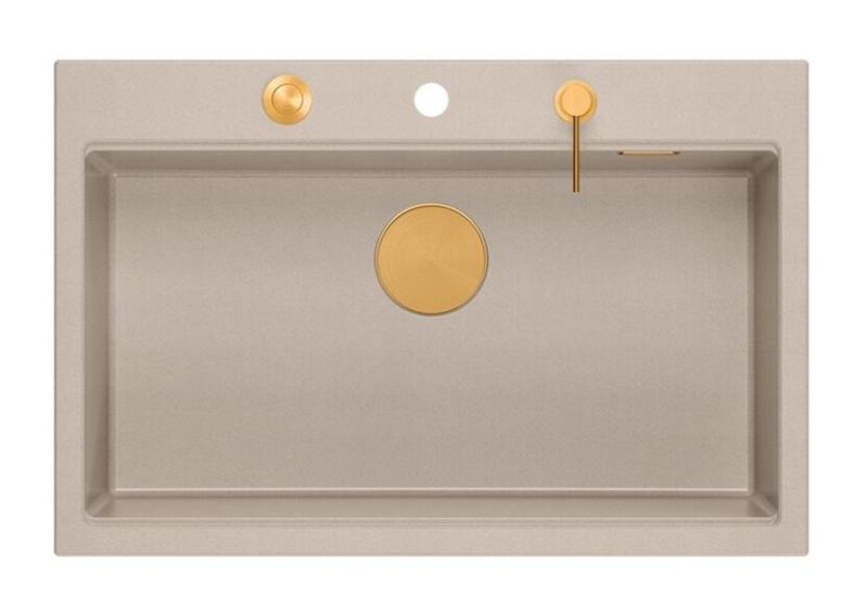 Quadri Hard Rock Beige granito montado gran fregadero 76x50cm incluyendo tapón de cobre y accesorios 1208971750