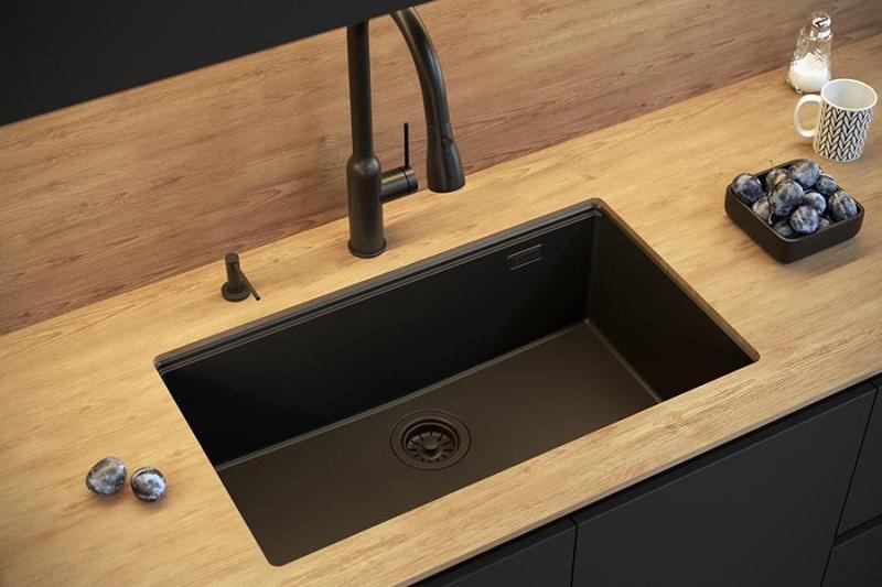 Quadri Newport II fregadero grande y profundo de granito de montaje superior e inferior en color beige 76x45cm con tapón de cobre 1208971758