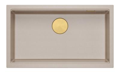 Quadri Newport II large and deep granite sink for top mount and undermount in beige, sink size 76x45cm with gold plug 1208971759.