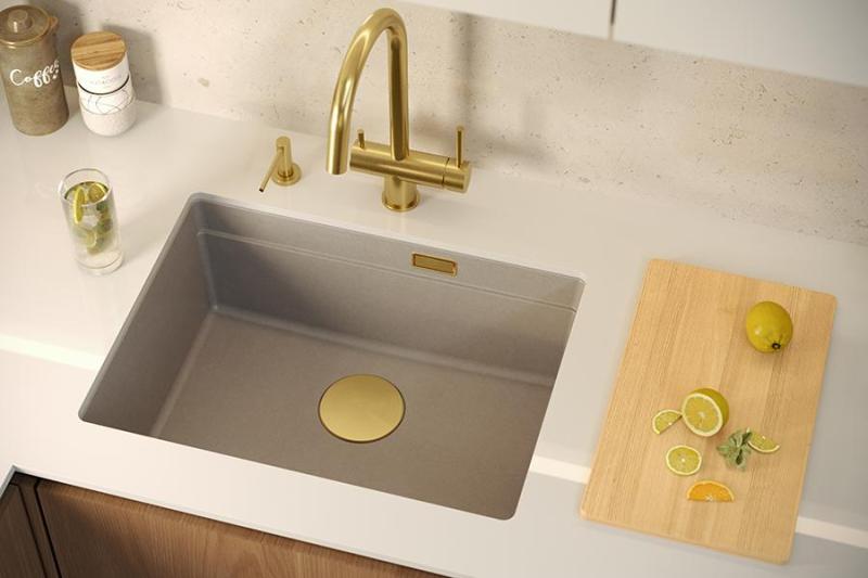 Quadri Newport II encimera de granito beige 560x450 mm con tapón dorado y tapa de desagüe 1208971765