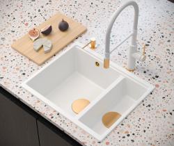 Quadri Newport II beige 1,5 fregadero de granito empotrado y bajo encimera 555x460mm con tapón de cobre 1208971767