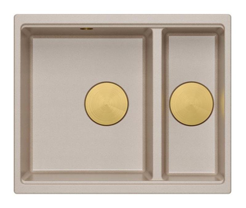 Quadri Newport II beige 1,5 fregadero de granito empotrado y bajo encimera 555x460mm con tapón dorado 1208971768