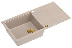 Quadri Luton beige, fregadero de granito montado con superficie de drenaje reversible 100x50cm con tapón dorado 1208971771.