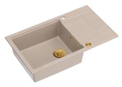Quadri Luton beige granito gran lavabo de encimera con escurridor reversible 86x50cm con tapón dorado 1208971774