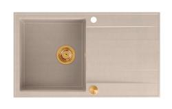 Fregadero de encimera de granito beige Quadri Luton con área de drenaje reversible de 86x50cm con tapón de cobre 1208971777