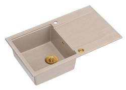 Fregadero empotrado de granito beige Quadri Luton con superficie de drenaje reversible de 86x50cm con tapón dorado 1208971778