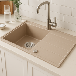Fregadero de encimera Quadri Luton beige de granito con superficie de drenaje reversible 86x50cm con tapón de acero inoxidable 1208971779