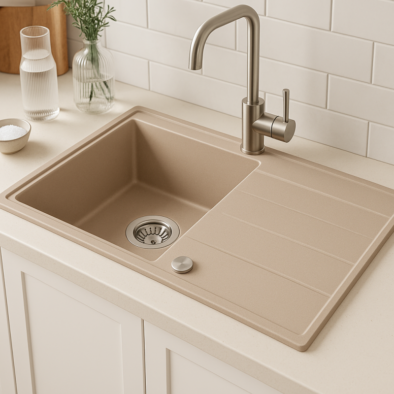 Quadri Luton perla beige fregadero de granito con superficie de drenaje reversible 86x50cm con tapón de acero inoxidable 1208971779