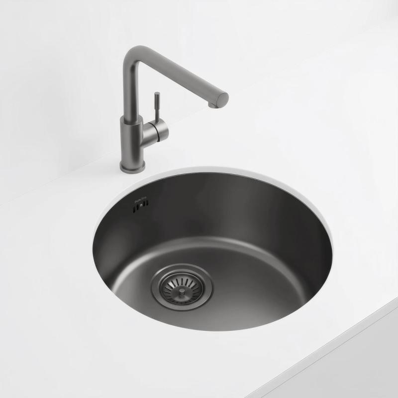 Pure.Sink Rondo Gun metal Redonda Fregadero de instalación al ras, submontaje y montaje en superficie 38 cm PRN38-61