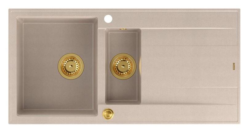 Quadri Luton perla beige granito empotrado 1.5 fregadero con área de drenaje reversible 100x50cm con tapón dorado 1208971793
