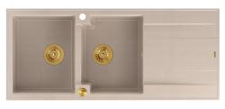 Quadri Luton estructura doble fregadero de granito color beige perla con zona de escurrido 116x50 cm con tapón dorado 1208971809