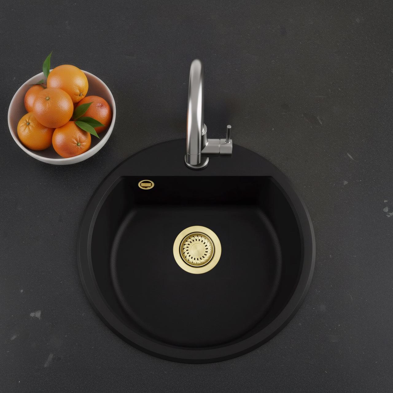 GraniteMy Bremen lavabo redondo de granito de 43 cm negro, montaje superior e inferior, con agujero para grifo y tapón dorado 1208971841