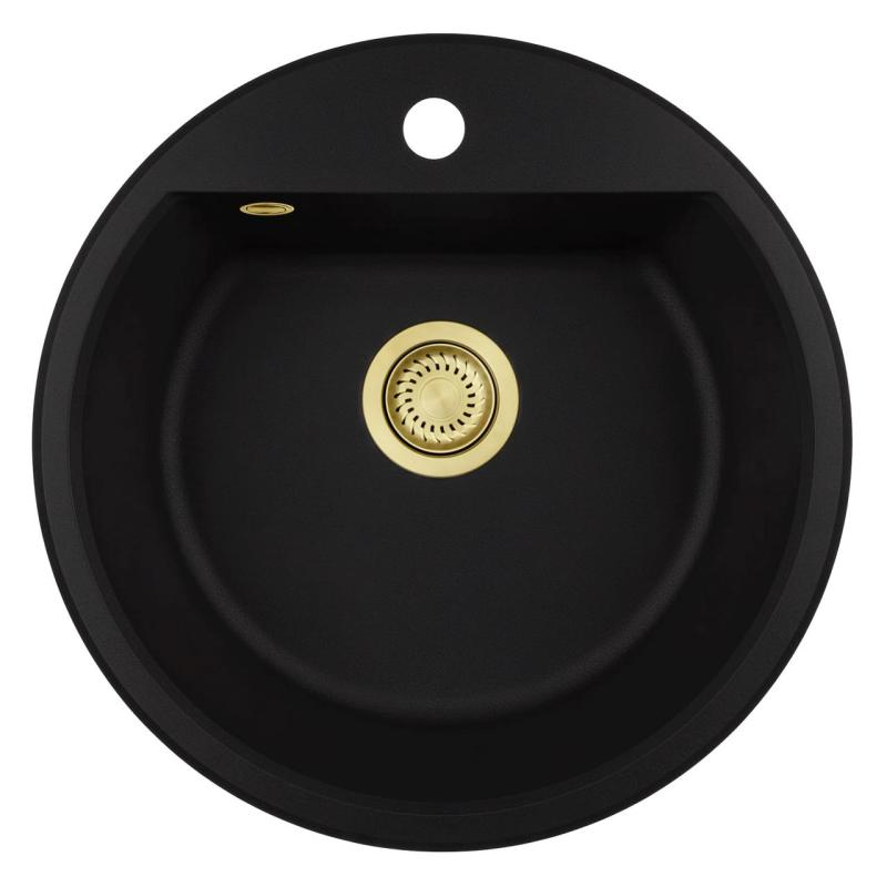 GraniteMy Bremen lavabo redondo de granito de 43 cm negro, montaje superior e inferior, con agujero para grifo y tapón dorado 1208971841