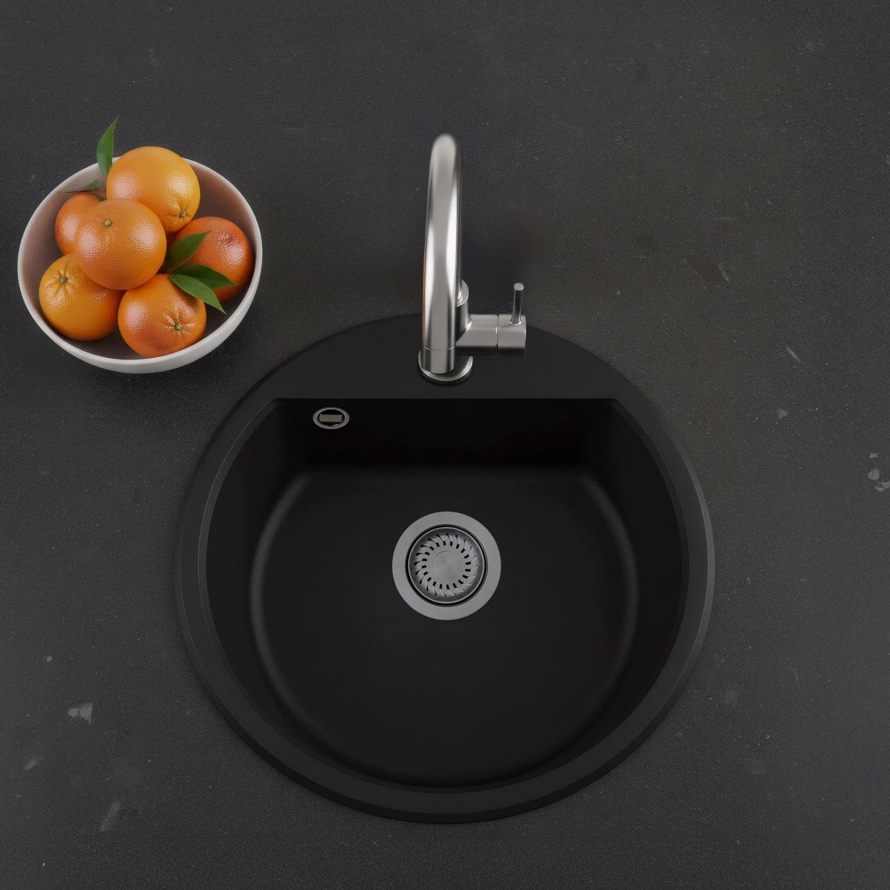 GraniteMy Bremen lavabo redondo de granito de 43 cm de color negro, para montaje superior e inferior, con banco de orificios para grifo y tapón de metal color pistola 1208971842