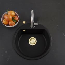 GraniteMy Bremen fregadero redondo de granito de 43 cm negro, de montaje superior e inferior, con orificio para grifo y tapón dorado automático 1208971843