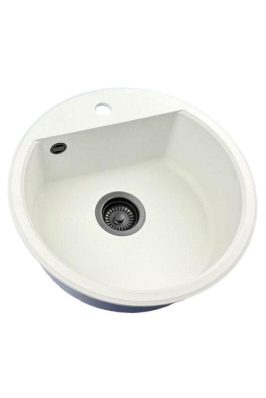 GraniteMy Bremen lavabo redondo de granito de 43 cm blanco, para montaje superior e inferior, con banco de orificio para grifo y tapón automático negro 1208971846