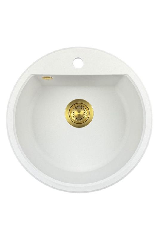GraniteMy Bremen lavabo redondo de granito de 43 cm blanco, de superficie y empotrado, con banco de agujeros para grifo y tapón dorado automático 1208971848