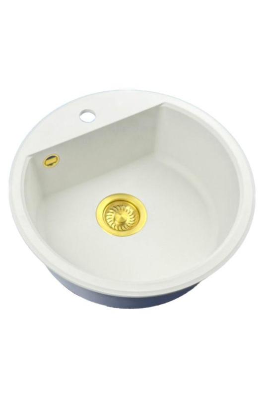 GraniteMy Bremen lavabo redondo de granito de 43 cm blanco, de superficie y empotrado, con banco de agujeros para grifo y tapón dorado automático 1208971848