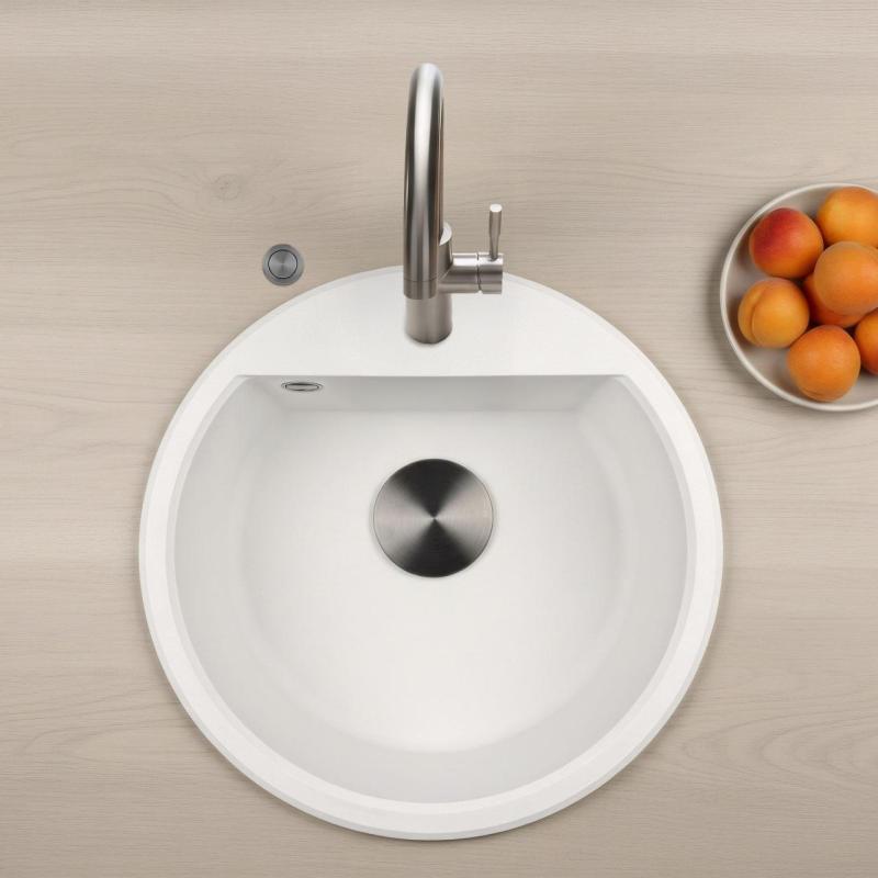 GraniteMy Bremen fregadero redondo de granito de 43 cm blanco, para montaje superior e inferior, con orificio para grifo y tapón automático de metal color peltre 1208971849