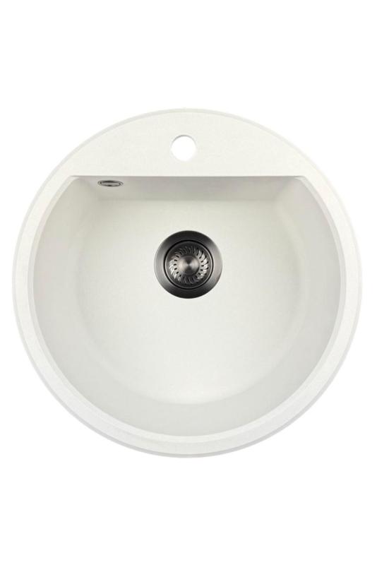 GraniteMy Bremen fregadero redondo de granito de 43 cm blanco, para montaje superior e inferior, con orificio para grifo y tapón automático de metal color peltre 1208971849