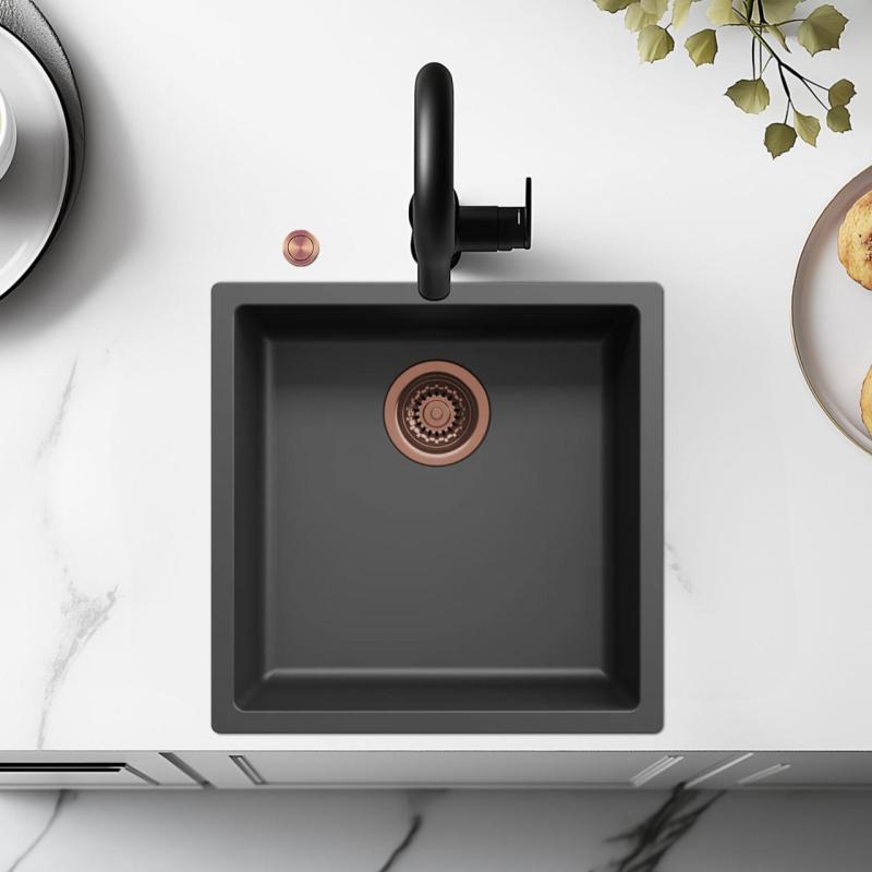 Fregadero negro Ausmann Fibre 40x40cm para bajo encimera, sobre encimera e integrado con tapón automático de cobre 1208971852