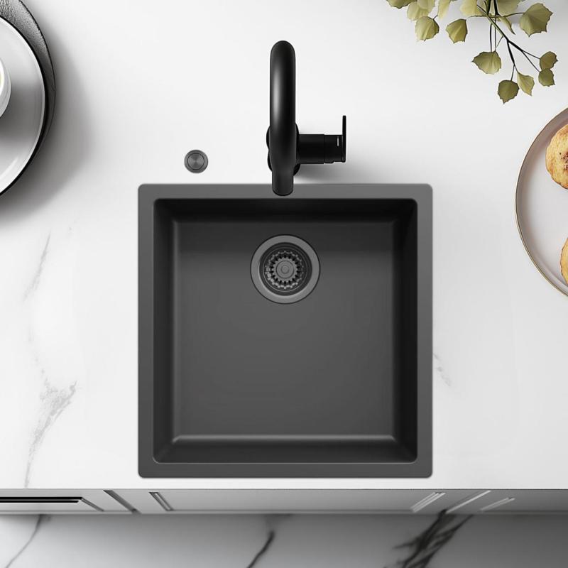 Ausmann Fibre lavabo negro 40x40cm de montaje inferior, superior y empotrado con tapón automático de metal color pólvora 1208971854