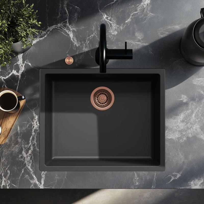 Ausmann Fibre lavabo negro de 50x40cm de montaje inferior, superior y nivelado con tapón automático de cobre 1208971858