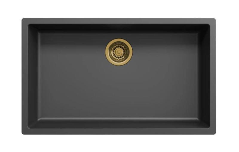 Ausmann Fibre negro gran fregadero 70x40cm empotrado, montaje superior y montaje al ras con tapón dorado automático 1208971864
