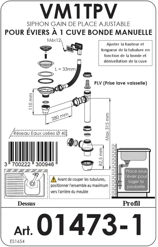 Conjunto de desagüe Ausmann de acero inoxidable con rebosadero cuadrado incl. sifón para un solo fregadero 1208971877
