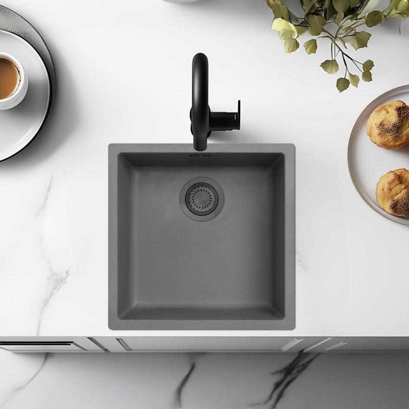 Ausmann Fibre hormigón gris fregadero 40x40cm de montaje inferior, superior y empotrado con tapón de metal tipo gun 1208971882