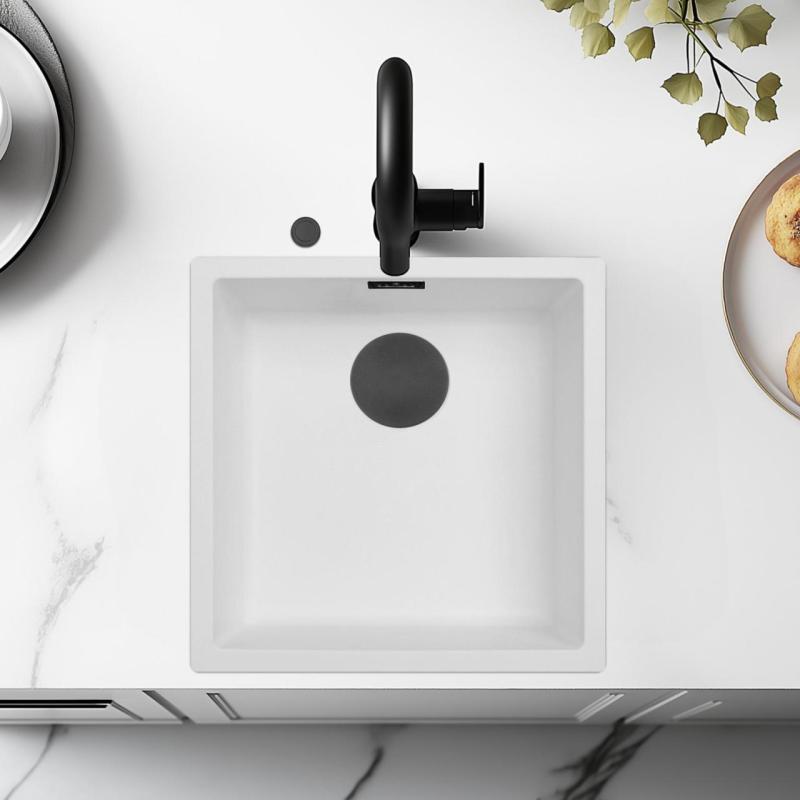 Ausmann Fibre lavabo blanco 40x40cm de montaje inferior, superior y empotrado con tapón automático negro 1208971892