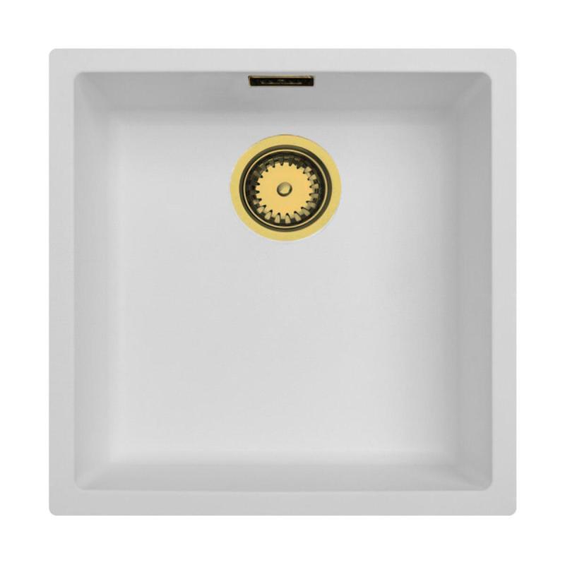 Ausmann Fibre lavabo blanco 40x40cm de bajo encastre, sobre encastre y encastre plano con tapón dorado automático 1208971894