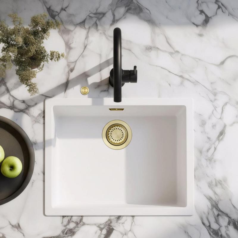 Fregadero blanco Ausmann Fibre de 50x40cm para bajo encimera, sobre encimera y montaje al ras con tapón automático dorado 1208971901