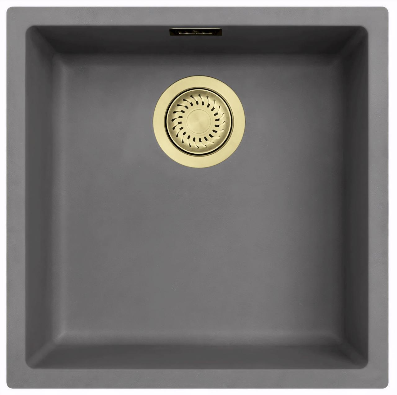 Ausmann Fibre hormigón gris fregadero 40x40cm de montaje inferior, superior y empotrado con tapón dorado automático 1208971913