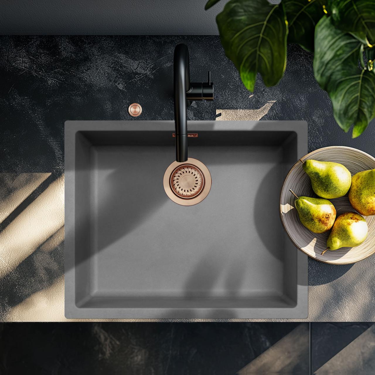 Ausmann Fibre hormigón gris fregadero 50x40cm empotrado, sobre encimera y a ras de encimera con tapón automático de cobre 1208971917