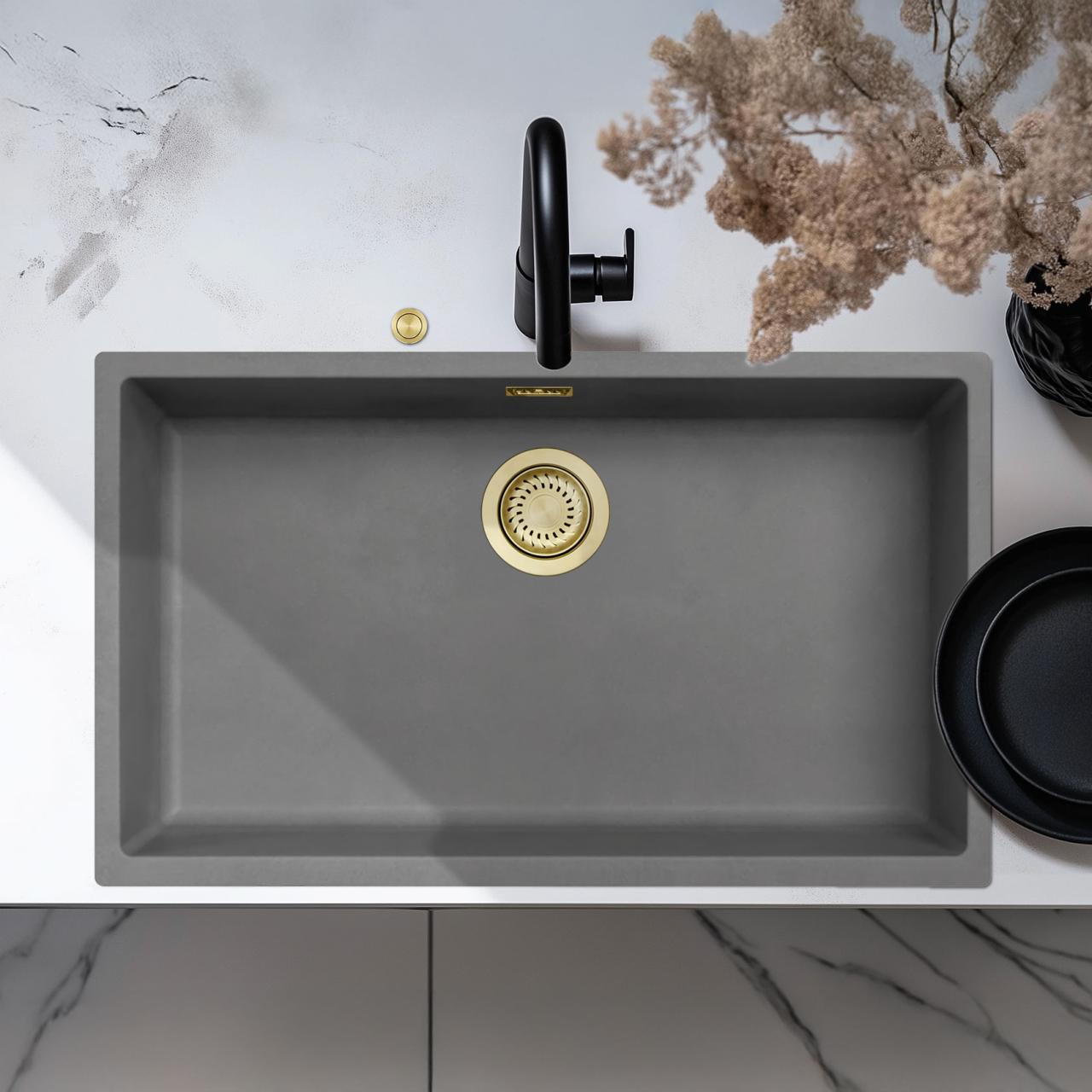 Ausmann Fibre hormigón gris gran fregadero 70x40cm de encastre, sobrepuesto y empotrado con tapón dorado automático 1208971923