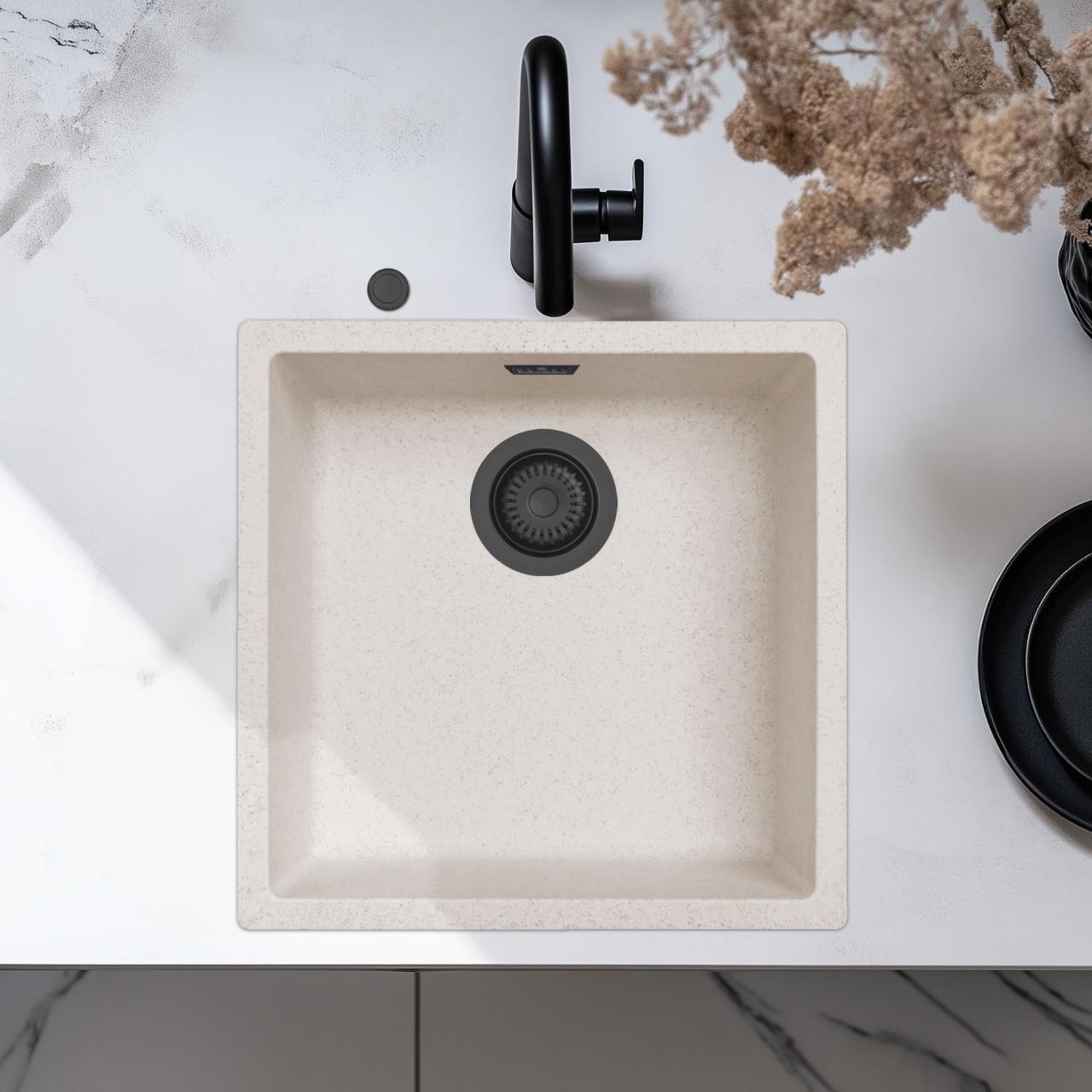Ausmann Fibre lavabo blanco de arena 40x40cm, bajo encimera, sobre encimera y empotrado con tapón automático negro 1208971926